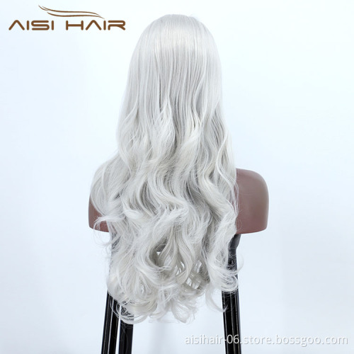 Aisi Hair Cheap Cosplay Popular Long Wavy Curly Body Wave Grey Swiss Lace Synthetic Hair For Black Women Lace Front Wig